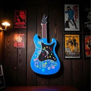 Rare LED Guitar Wall Clock Plug In Works Light Up Quartz Music Room Decor
